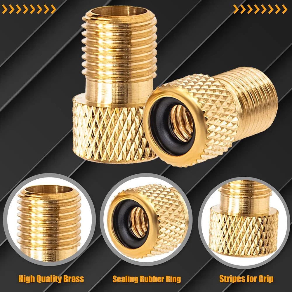 Brass Presta to Schrader Valve Adapter 2-Pack + Valve Caps