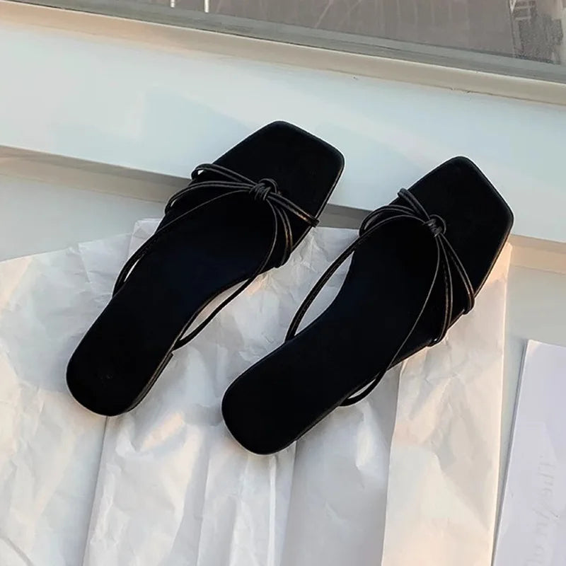 Slippers for Women's Summer New French Square Toe Slim Fit Lace Up Hollowed Out Clip on Thick Heel Outdoor Flat Sandals Women's Zpaxo black 38