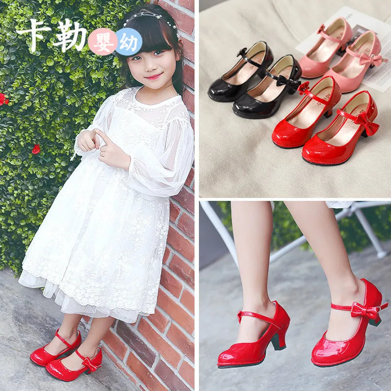 Girls Leather Shoes Autumn Bowtie Sandals 2023 Children Heels Zpaxo