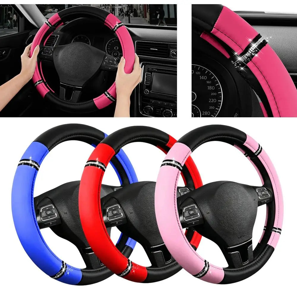 PU Leather Steering Wheel Cover Diamond Stitching Anti-slip Wrap Zpaxo