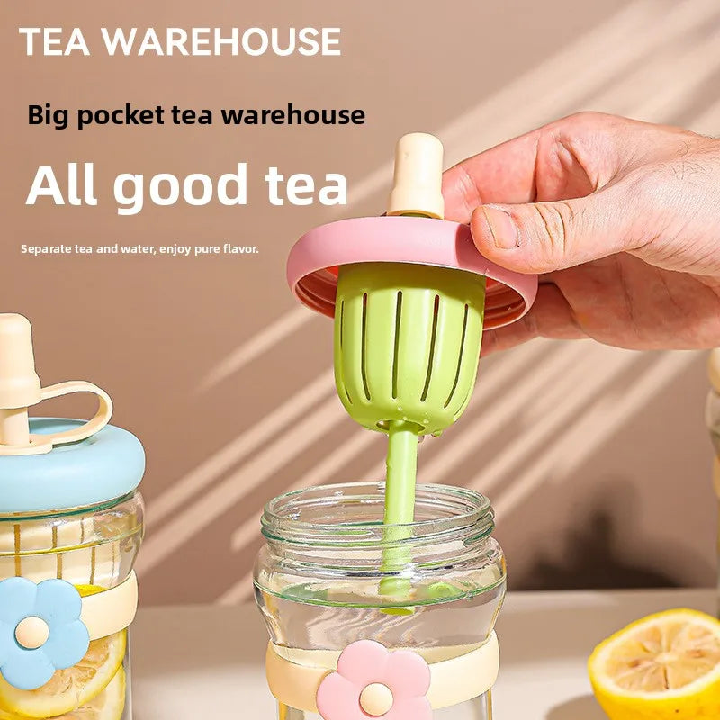 Glass Flower Cartoon Tea Strainer Cold Brew Straw Tumbler Leak-proof
