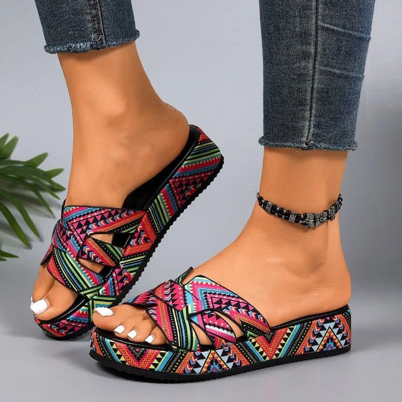 Summer Women's Open Toe Colorful Printed Platform Slippers Zpaxo