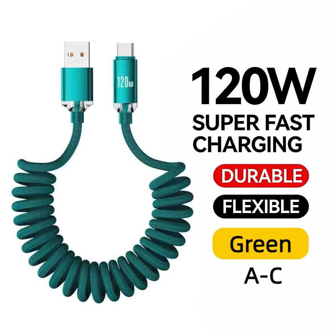 120W Retractable USB-C Fast Charging Cable – 1m & 2m USB-C Charging Cable Zpaxo A to C Green 2m
