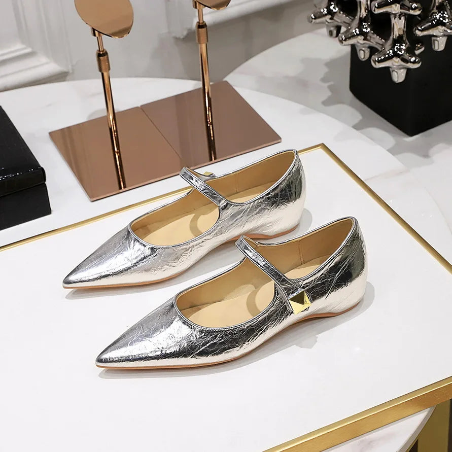 Flat Shoes for Women 2025 Spring Autumn New Pointed Toe Patent Leather Women's Shoes Willow Nail Metal Ladies Shoe zapatos mujer Zpaxo