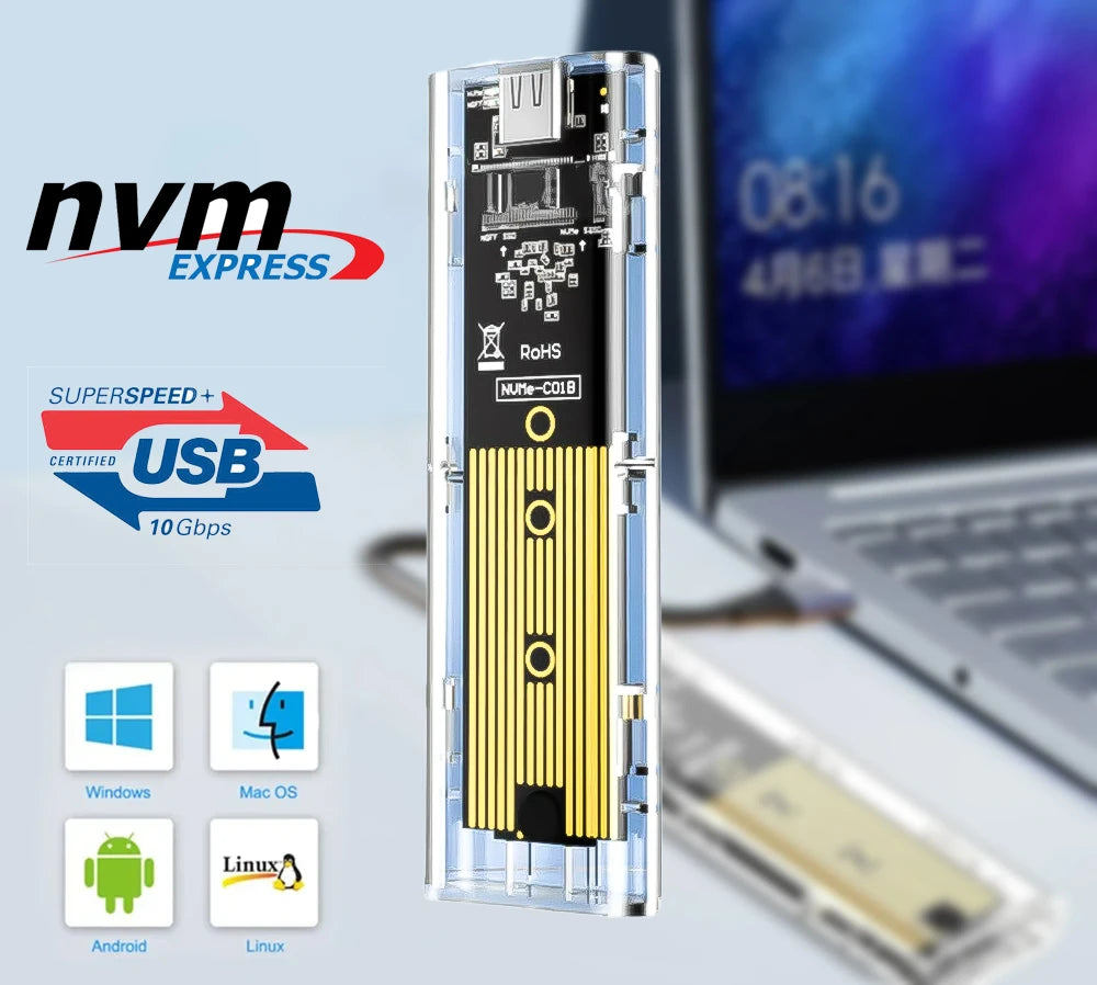 M.2 NVME PCIe NGFF SATA Dual Protocol SSD Case Clear USB Type C 10Gbps PCI-E M2 SSD Transparent External Enclosure Hard Disk Box Zpaxo