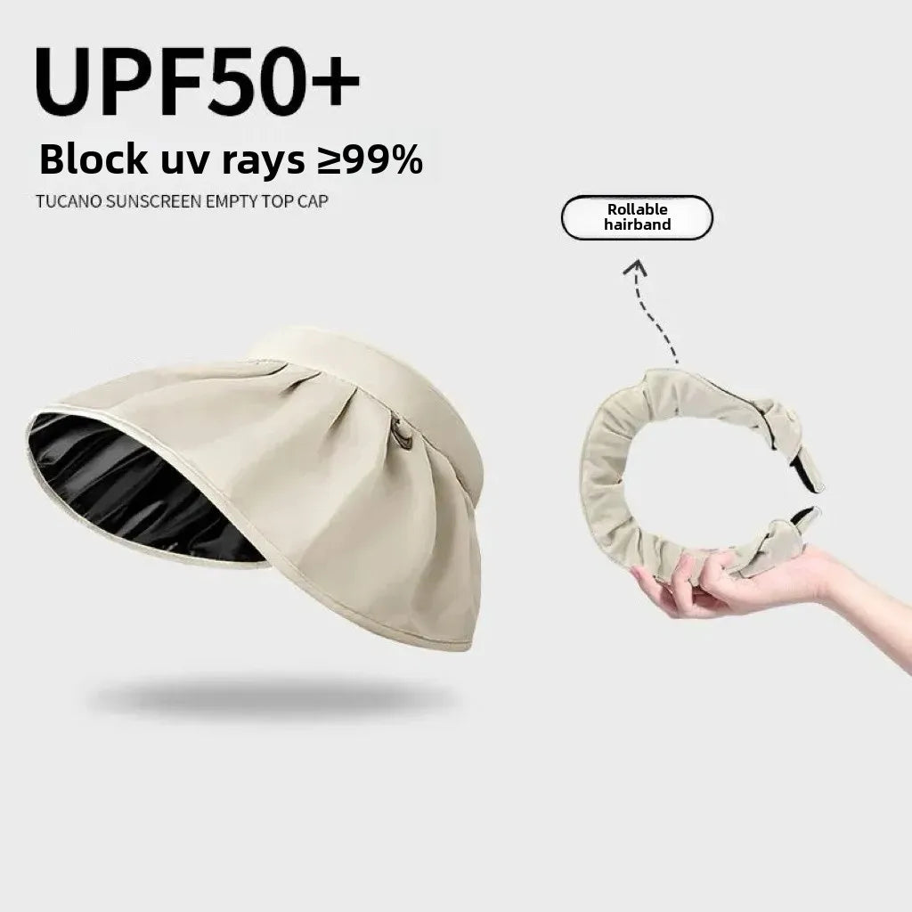 UPF50+ Women's Crownless Sun Hat Foldable Headband Korean Wide Brim