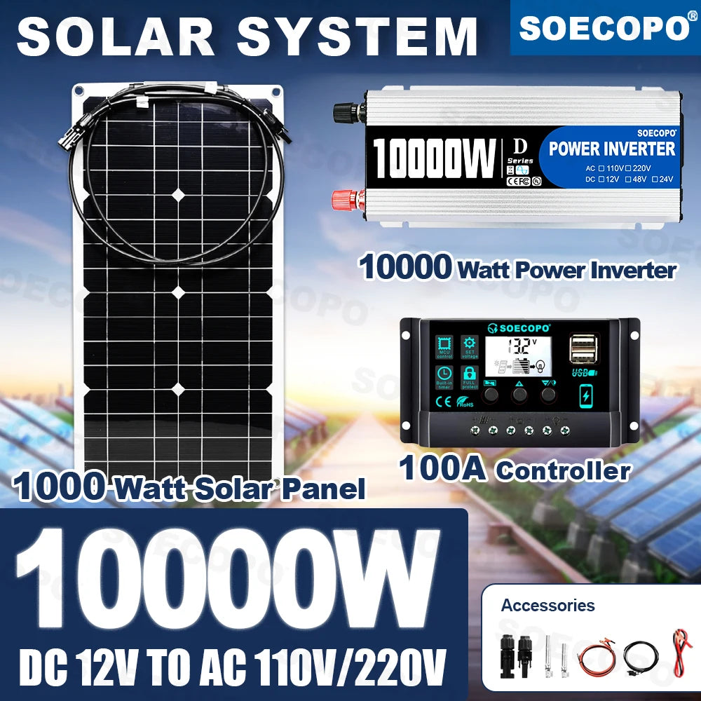 Plug&Play Complete Off-Grid 10000W Solar Kit Flexible Panel 1100W Inverter 100A Controller Accessories Included for RV/Home Zpaxo