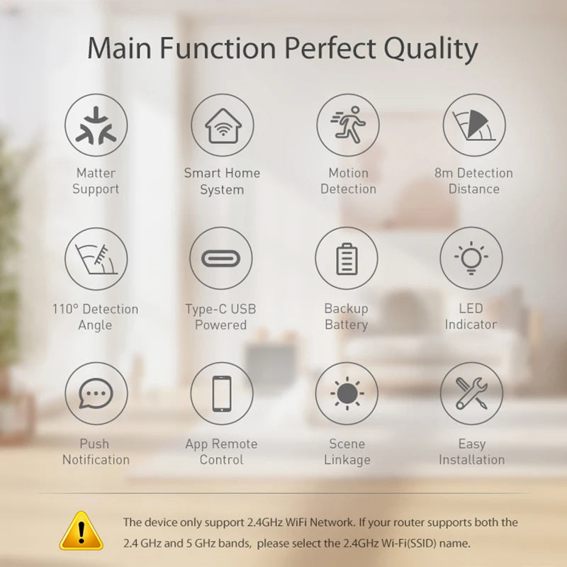 Matter Motion Sensor PIR Human Body Move With Temperature And Humidity Detector USB 5v/BatteryTuya Samrt Life Home Automation Zpaxo