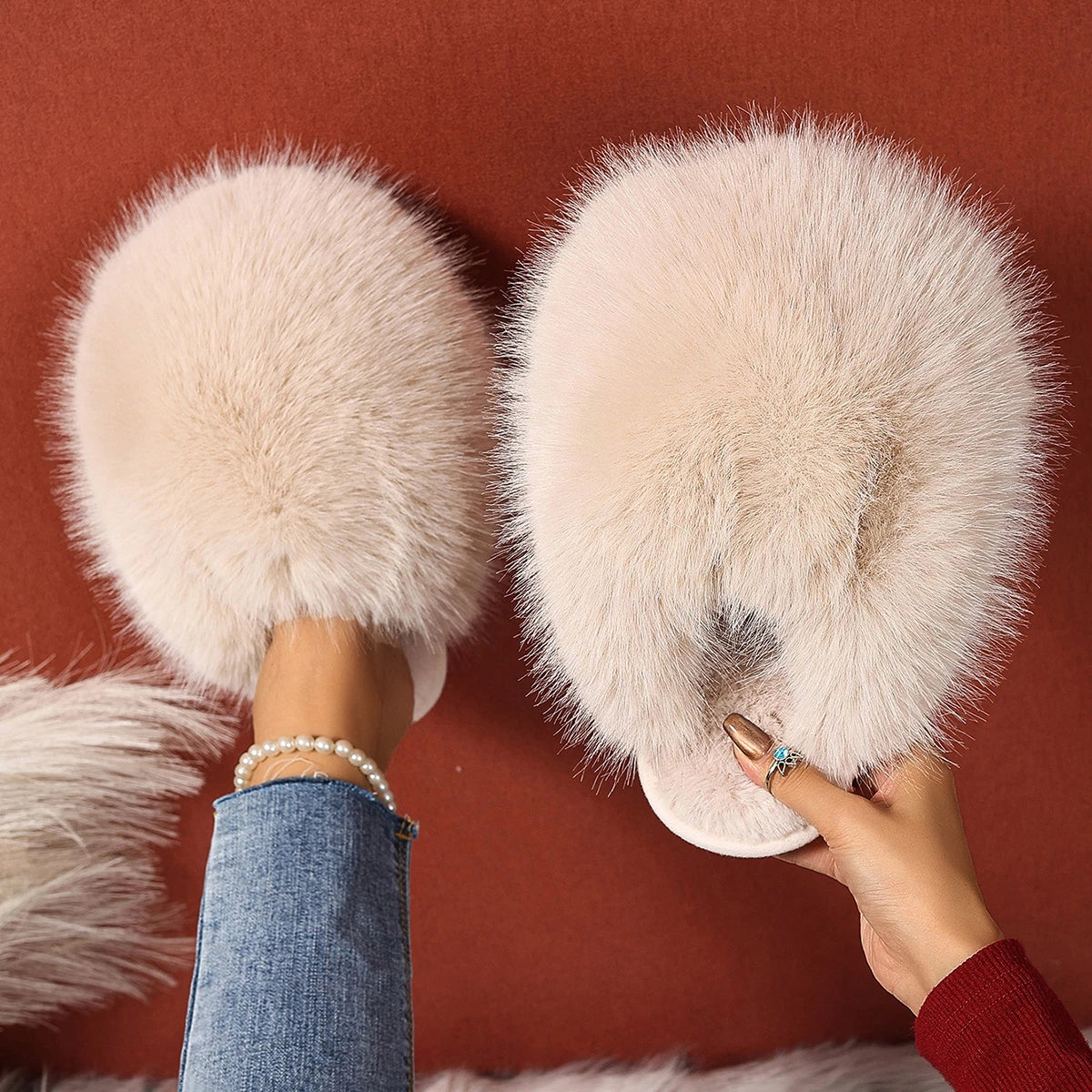 Women Indoor Slippers Autumn Winter Faux Fur Home Shoes Women Soft Sole Fashion Warm Fluffy Slippers Solid Baotou Slides Women Zpaxo Beige 38-39