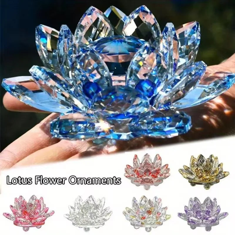 Crystal Lotus Flower Ornament Hand Cut Clear Glass Decor Feng Shui