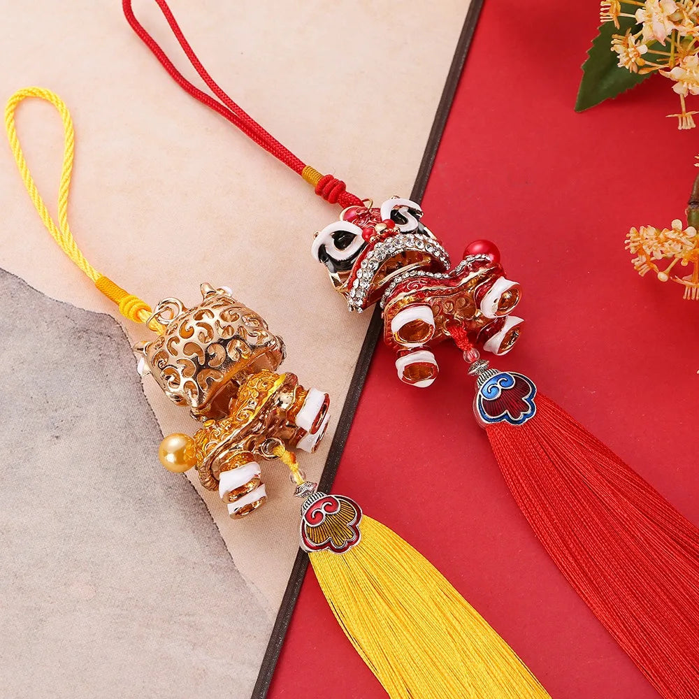 Tassel Lion Dance Creative Ornaments Chinese Style Lucky Lion Dance Car Pendant Red Ancient Mascot Lion Wake Keychain Home Decor Zpaxo