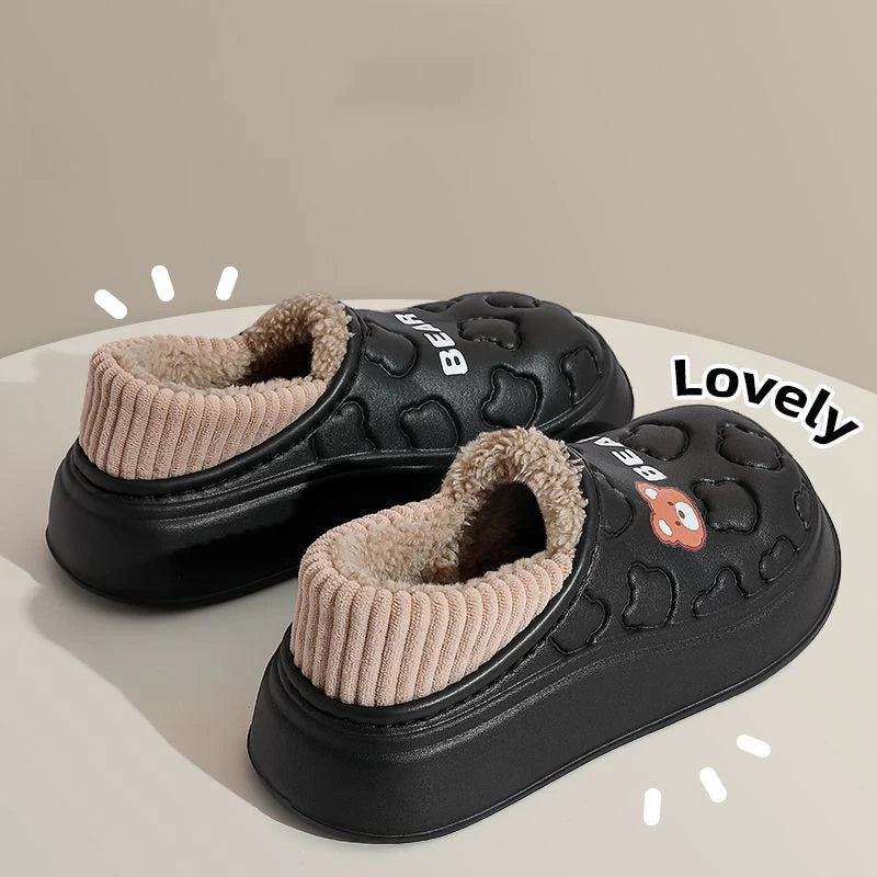 Cute Bear Waterproof Cotton Slippers Women Warm Lightweight Anti Slip Zpaxo black 40-41