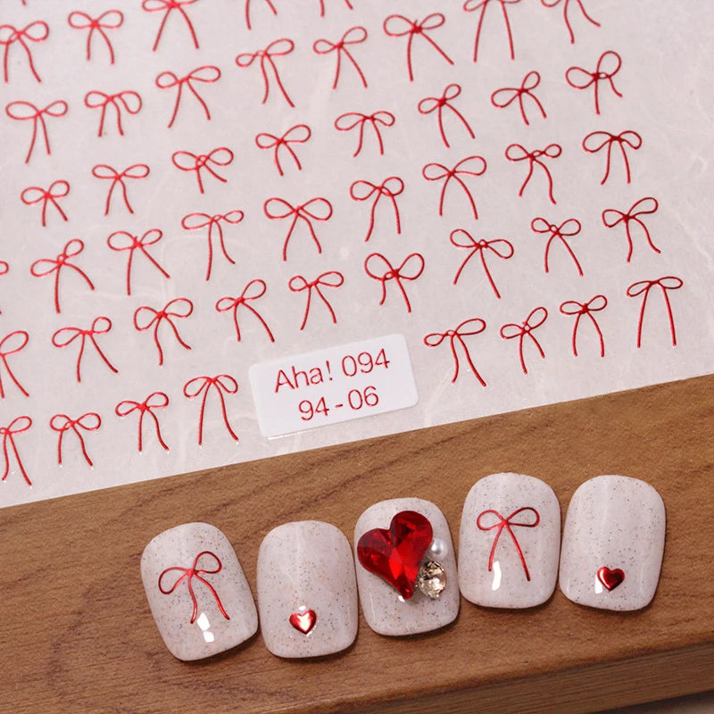 Wine Red Gilt Bow Nail Sticker Silver Gold Laser Nail Sticker Combination of Different Sizes Self-Adhesive Nail Art Decoration Zpaxo