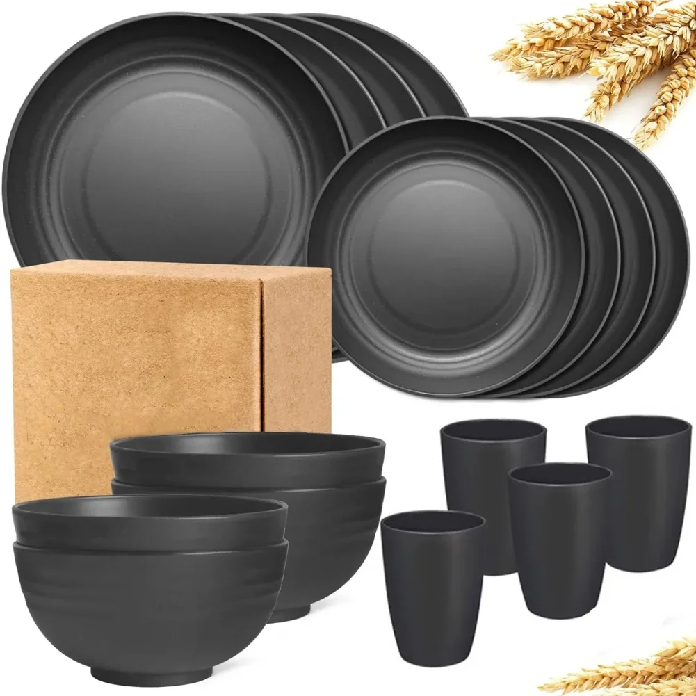 New 16 Pieces/set of Non Fragile Meal Plates, Wheat Straw Dishes, Tableware Set, Microwave Dishwasher, Safe, Reusable Tableware Zpaxo