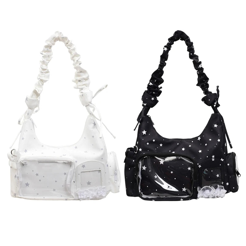 Women Canvas DIY Badge Crossbody Bag Zipper Cartoon Tote Handbag