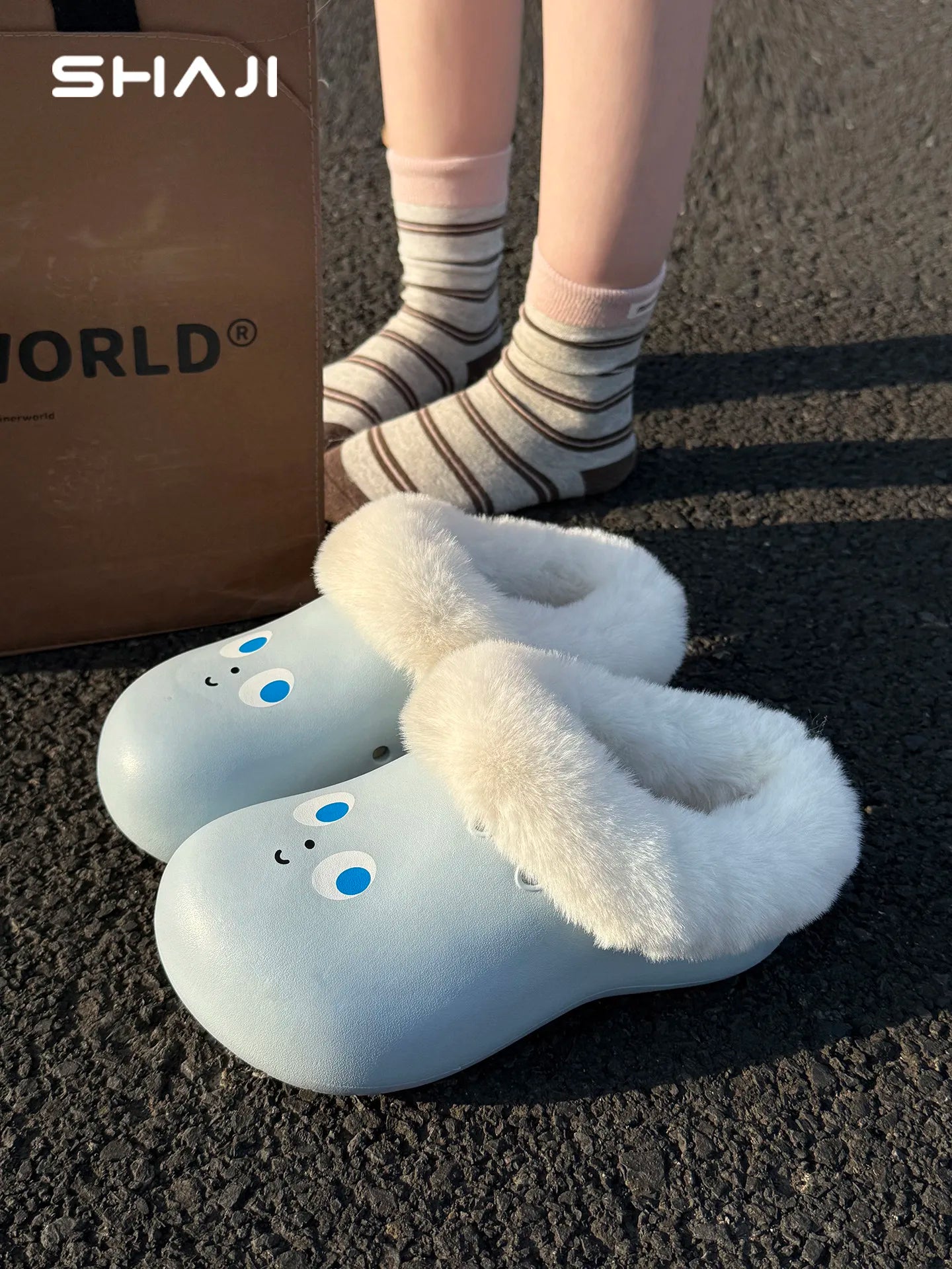 SHAJI Women 2026 Smiley Face Waterproof Winter Slippers Closed Back