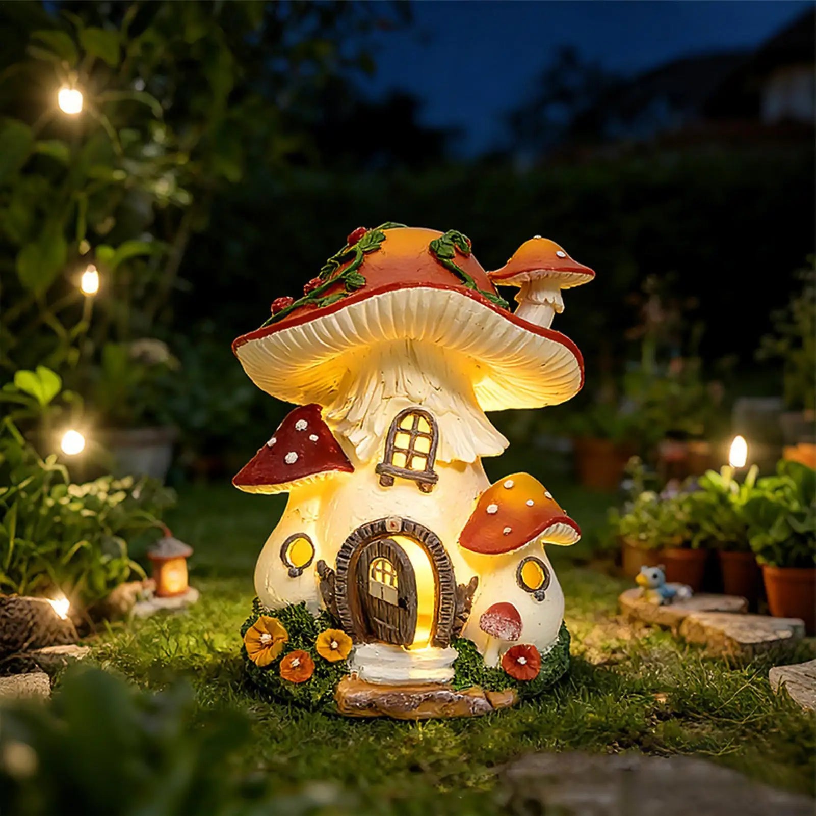 Solar Mushroom Garden Statue Resin Landscape Figurine Lamp Fairy
