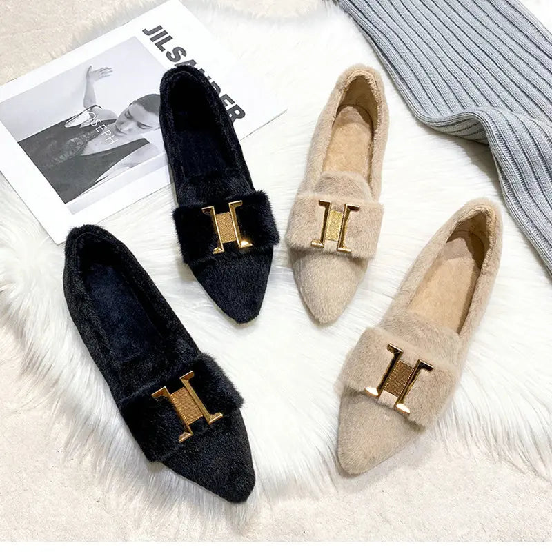 Flats Shoes for Women 2024 New Autumn Pointed Flat Mink Fur Winter Velvet Women's Loafers Ladies Shoes super big size 41 42 43 Zpaxo