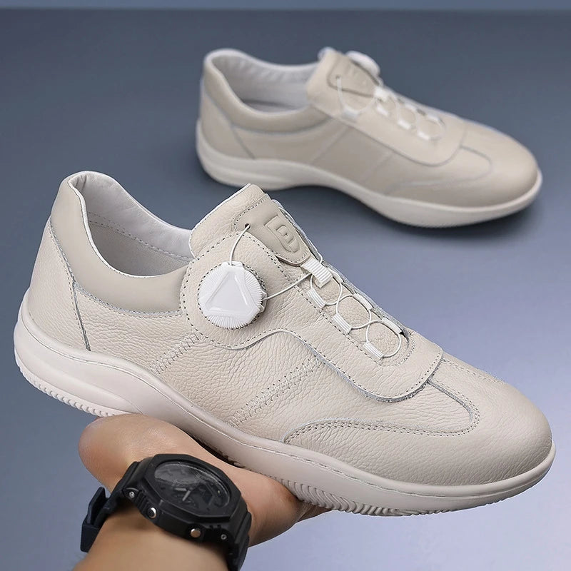 Mens Beige Leather Casual Sneakers Rotary Buckle Lace System Zpaxo