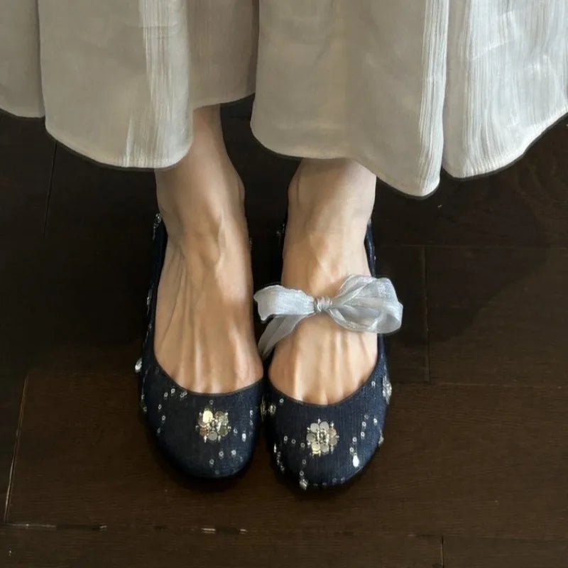 Spring Autumn Women's Round Closed Toe Sequin Decoration Single Shoes Zpaxo denim blue 38