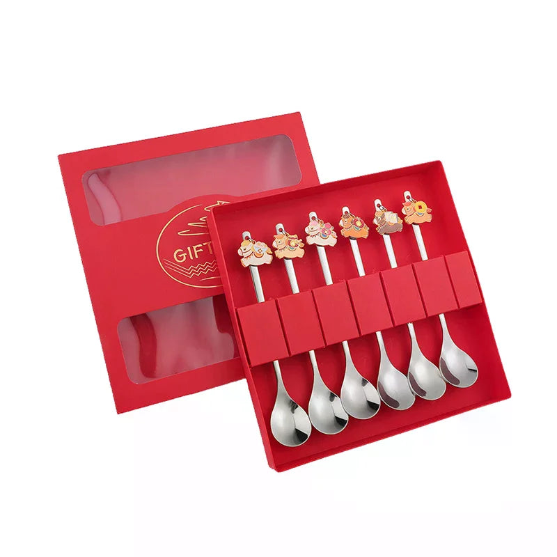 Chinese New Year Themed Cutlery Set Stainless Steel Creative Cartoon Year Of The Horse Fork Spoon 2/4/6pcs Holiday Gift Cutlery Zpaxo