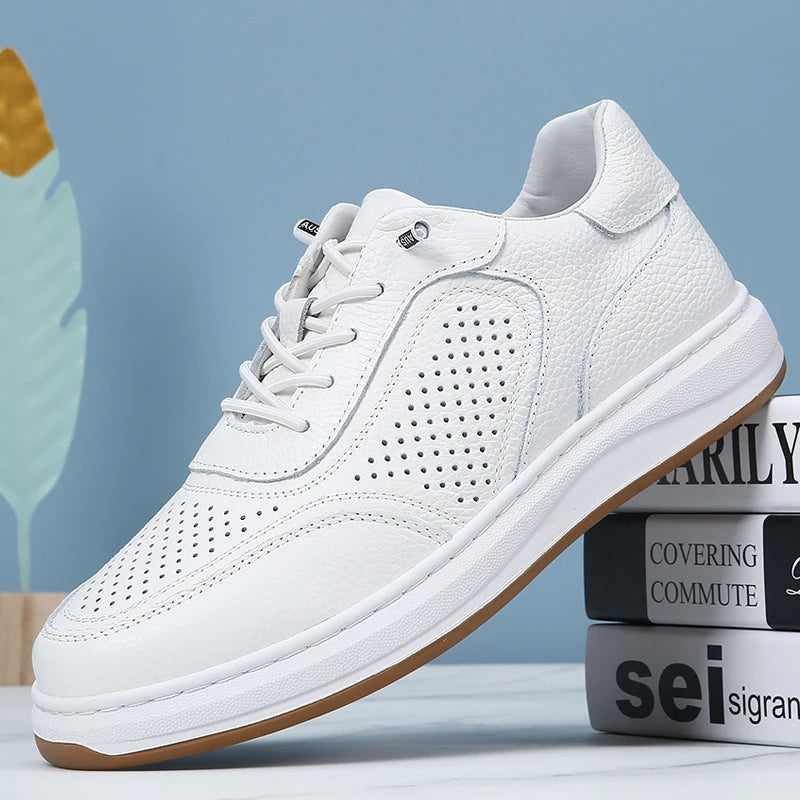 White Breathable Leather Sneakers Casual Lace Up Shoes Perforations Zpaxo