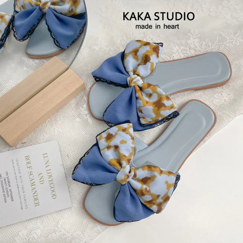 Slippers for Women 2025 Summer New Silk Bow Slippers Beach Shoes Vacation Flat Heel Sandals for Women Slippers Zpaxo