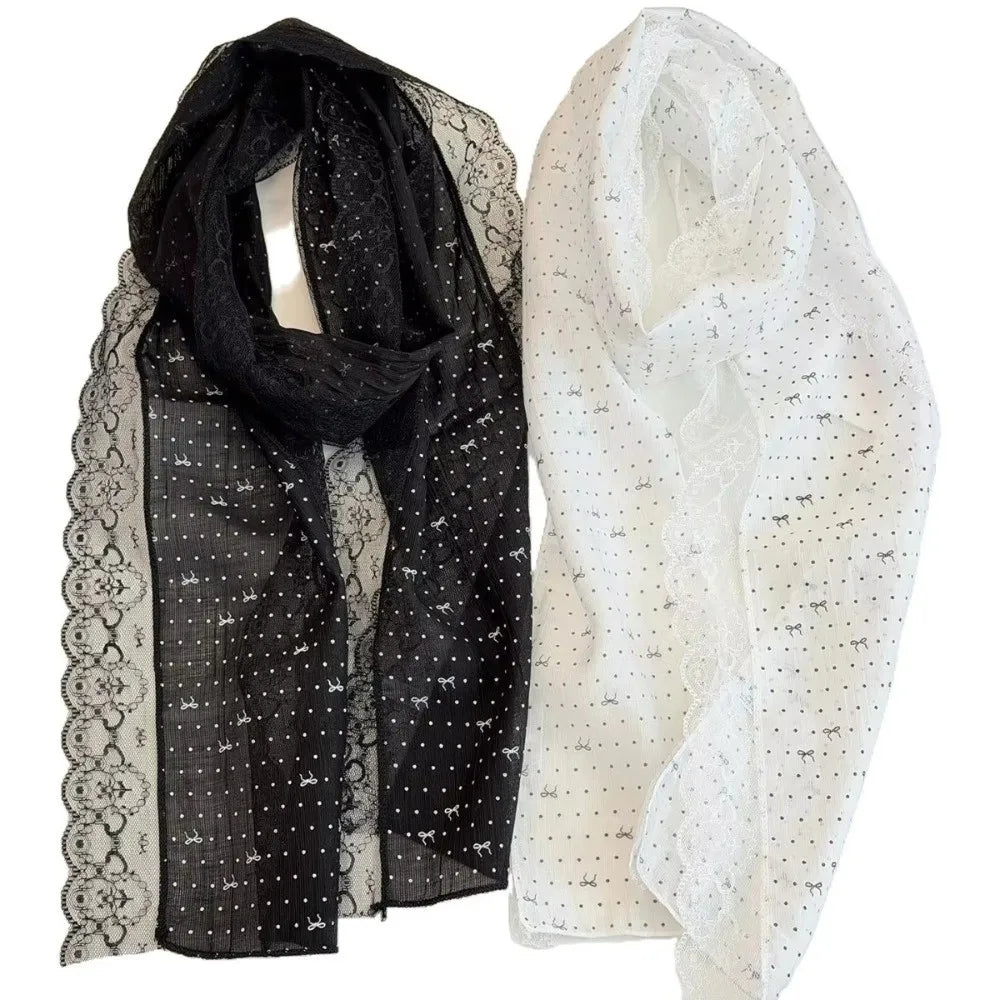 Elegant Butterfly Knot Silk Scarf Polka Dot Lightweight Drifting Belt Lace Edge Women Headscarf Zpaxo