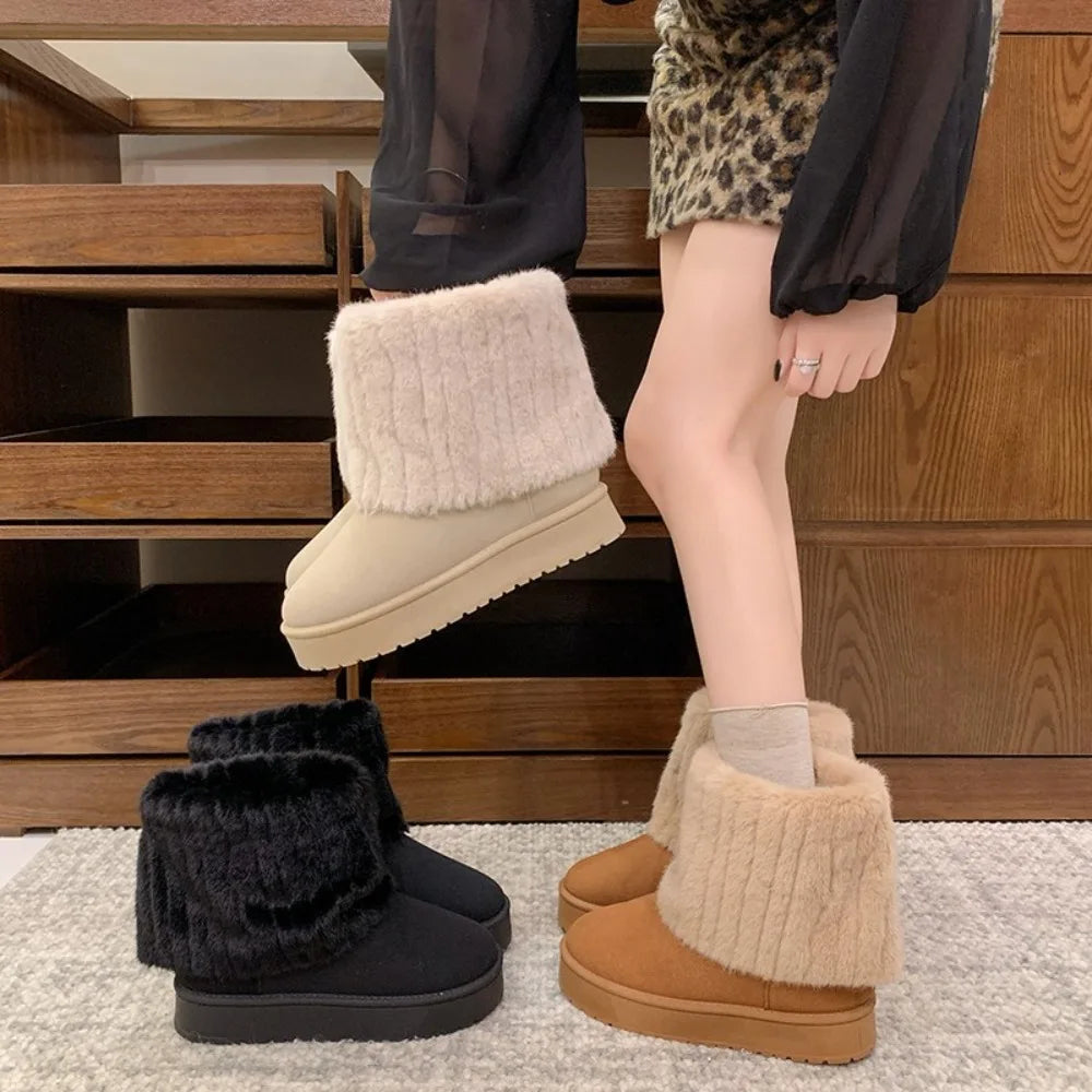 Fashion Women Round Toe Warm Thickened Plush Winter Beige Mid-calf
