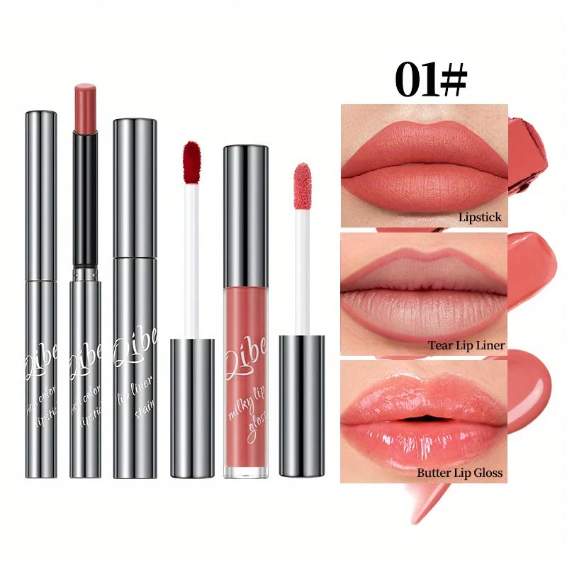 3-Pack Set Casual Lip Makeup Variety Lip Makeup Casual Matching Lipstick & Tear Lip Line & Butter Lip Gloss Zpaxo 01