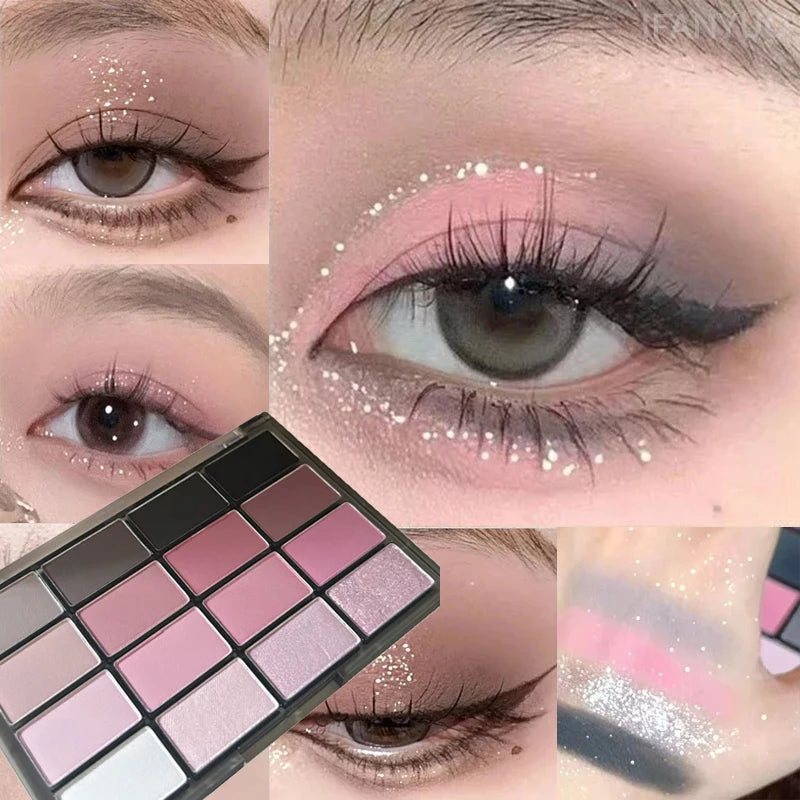 16 Colors Black Pink Eyeshadow Palette Glitter Shimmer Pearlescent