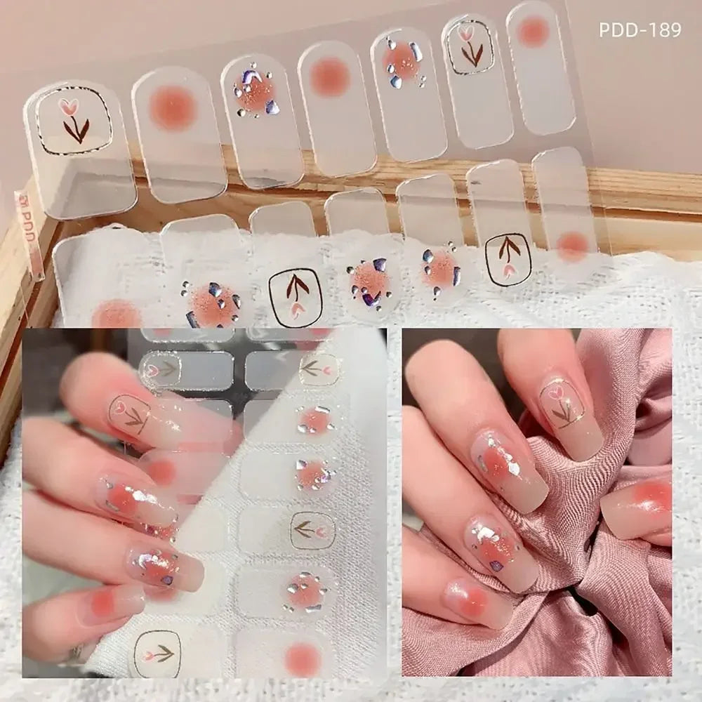 14Strips Gel Nail Stickers Full Cover Floristic Nail Art Stickers Semi Cured Gel Nail Polish Strips DIY Nail Art Making Zpaxo