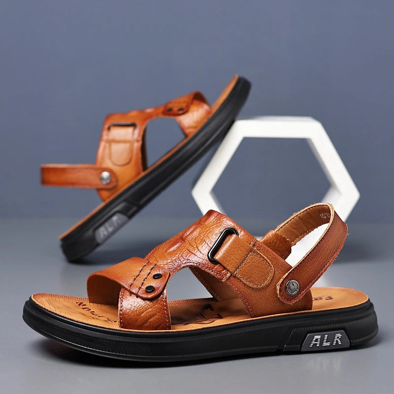 Mens Brown Leather Two Way Wear Sandals Open Toe Adjustable Strap Zpaxo
