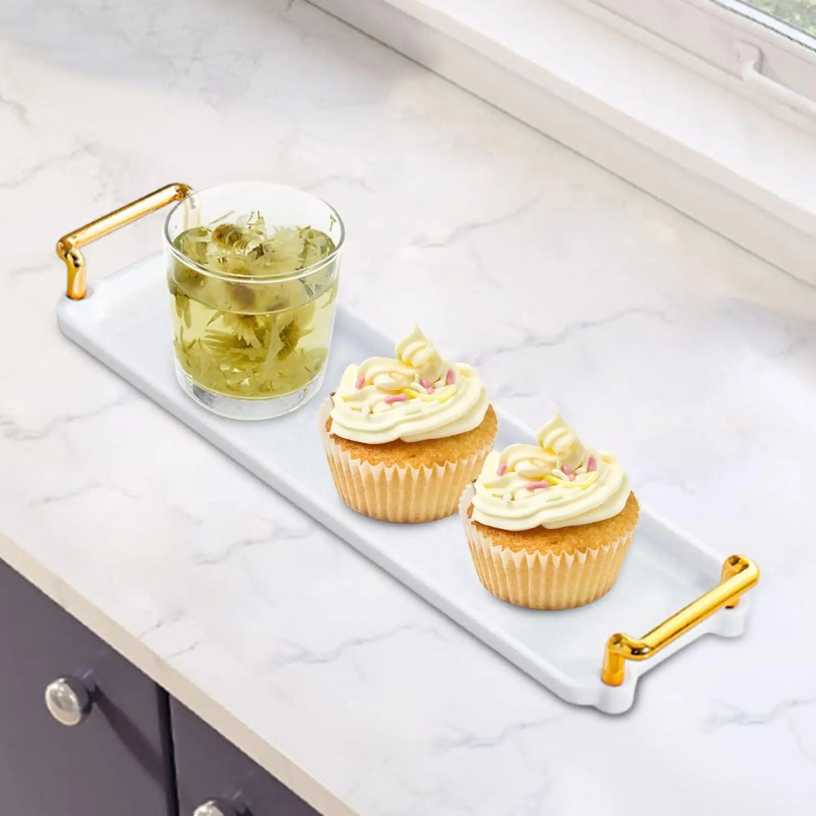 Rectangular Serving Tray with Handles – Vanity & Kitchen Platter Serving Tray Zpaxo white small