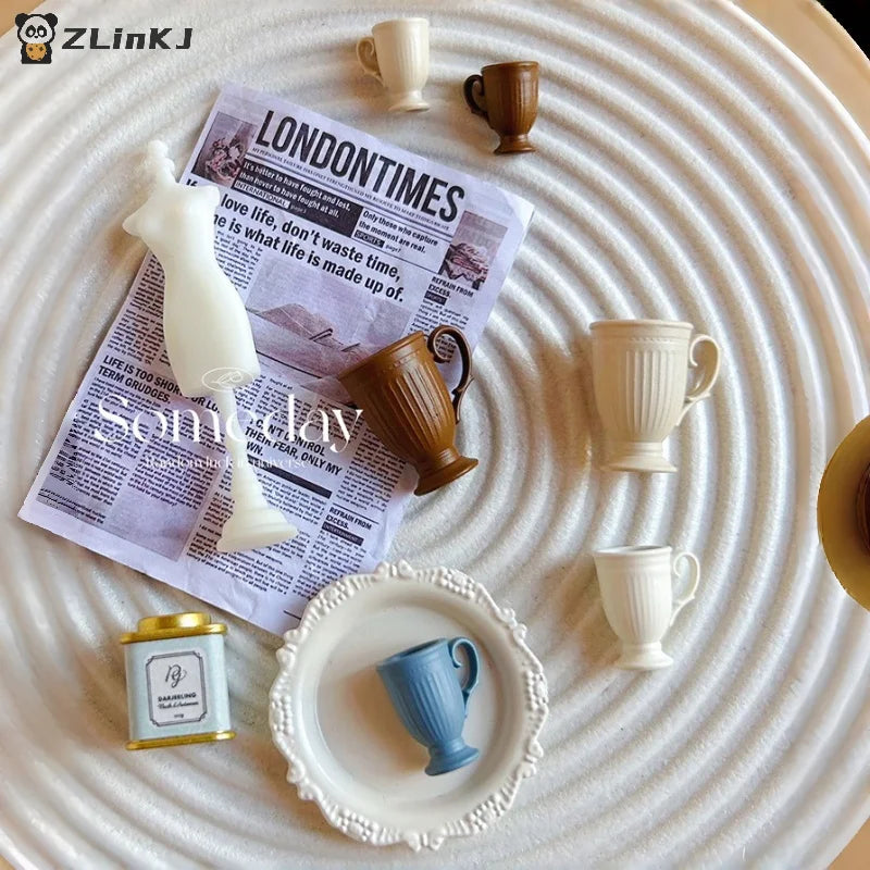 ▶1Pcs Dollhouse French Retro Mini High Foot Relief Mark Coffee Cup With Handle Miniature Scene Decoration High End Stemmed Mugs Zpaxo
