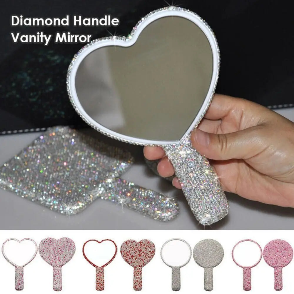 New Rhinestone Makeup Mirror with Handle Round Square Heart Shape Cosmetic Hand Mirror Portable Shiny Bling Handheld Mirror Zpaxo