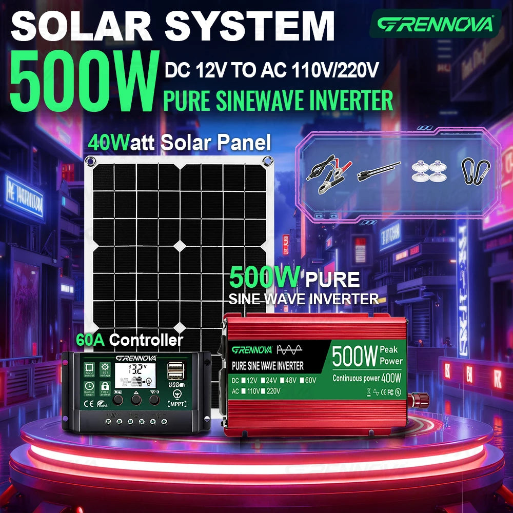Grennova 500W Reliable Pure Sine Solar System 40W Panel 12V To110V/220V Inverter 60A MPPT Controller True Power For RV/Boat/Farm Zpaxo