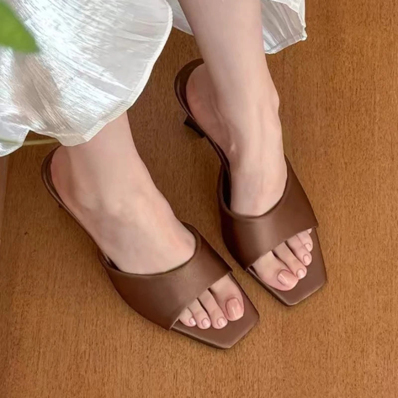 Women's Square Open Toe Comfortable Solid Heel Slippers 2026 Summer Zpaxo Khaki 35