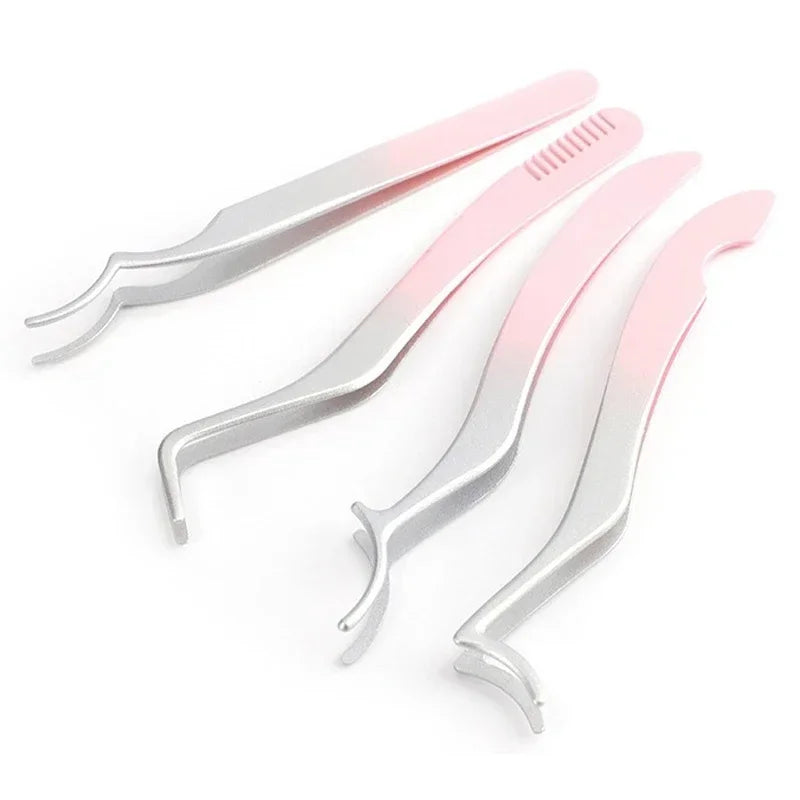 1/4 Gradient Eyelash Comb Tweezers Stainless Steel Anti-Static Non-Magnetic Professional Lashes Extension Tweezers Makeup Tools Zpaxo Pink-4pcs