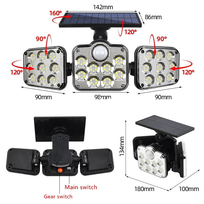 Solar 3-Head LED Outdoor Wall Lamp | Motion Sensor IP55 Solar Outdoor Wall Light Zpaxo