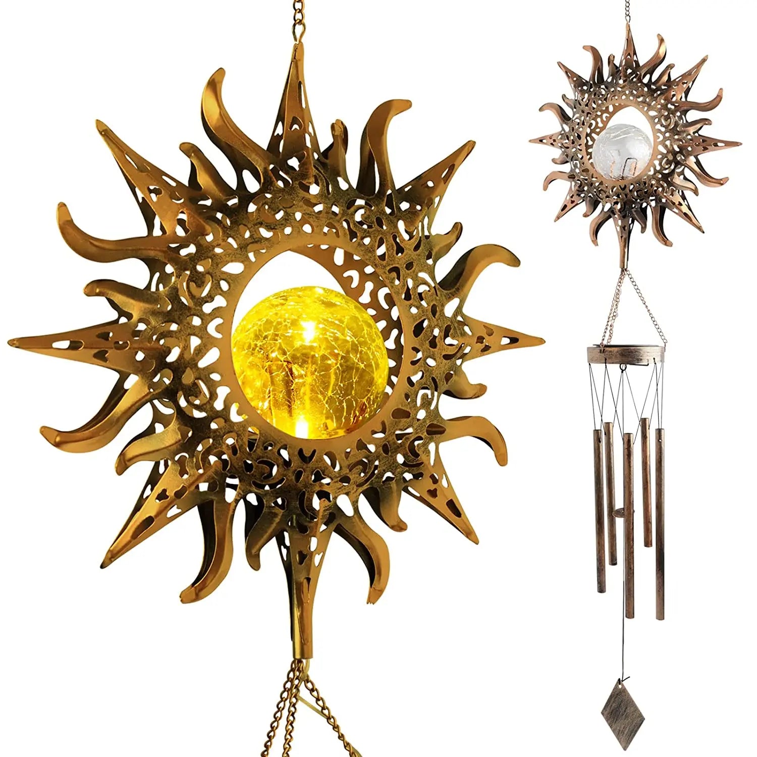 Outdoor Solar Wind Chime Waterproof Cracked Glass Ball Dark Tone Sun Zpaxo