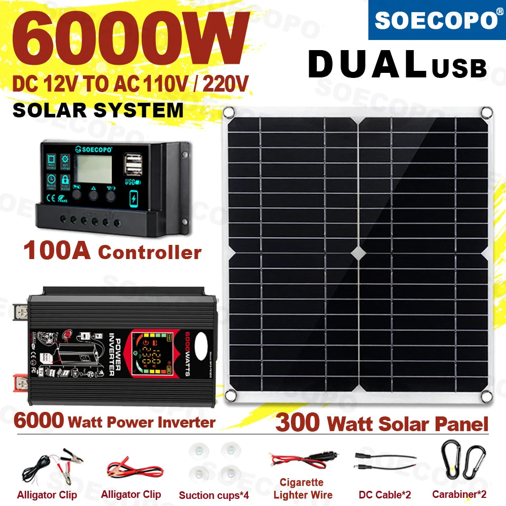 SOECOPO 6000W Solar System DC12V to AC110V 220V 100A MPPT Controller 300W Panel Inverter for Home RV Camping Power Backup CE FCC Zpaxo
