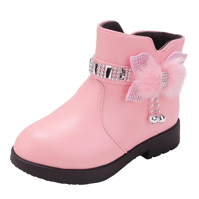 Winter Children's Shoes Girl Mid Length Warm Leather Boots Baby Bow Zpaxo Pink 24(Insole15cm) China Mainland