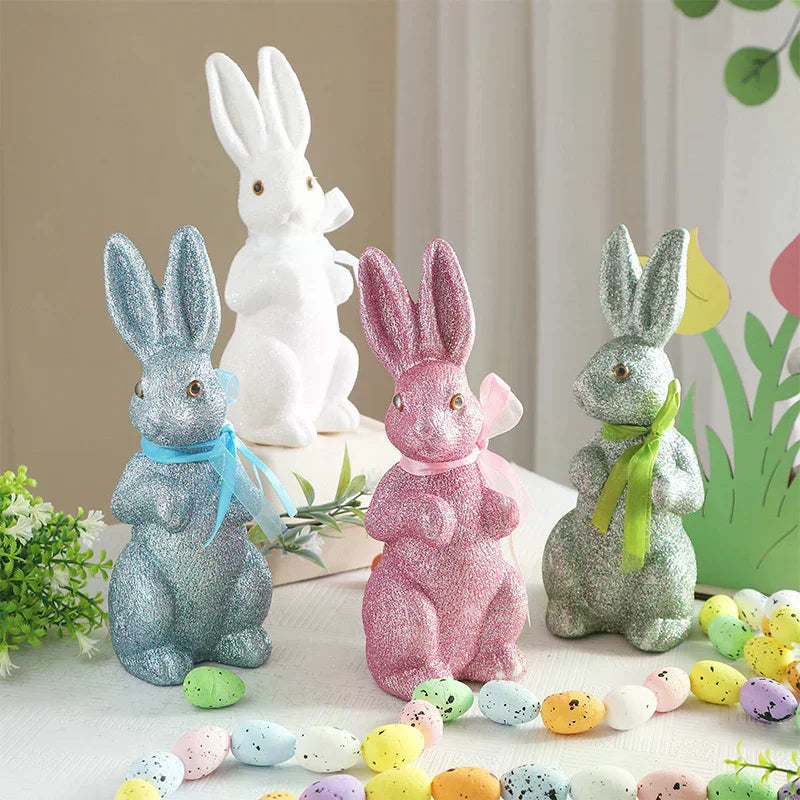 Easter Decoration Sparkling Foam Bunny Figurine With Bow Tie 8.6" Glitter Rabbit Tabletop Ornament For Easter Zpaxo