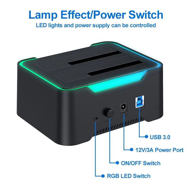 USB 3.0 To SATA Dual Bay RGB Lamp Effect Hard Disk 2.5/3.5 Inch Hard Drive Enclosure Docking Station Offline Clone HDD SSD Zpaxo