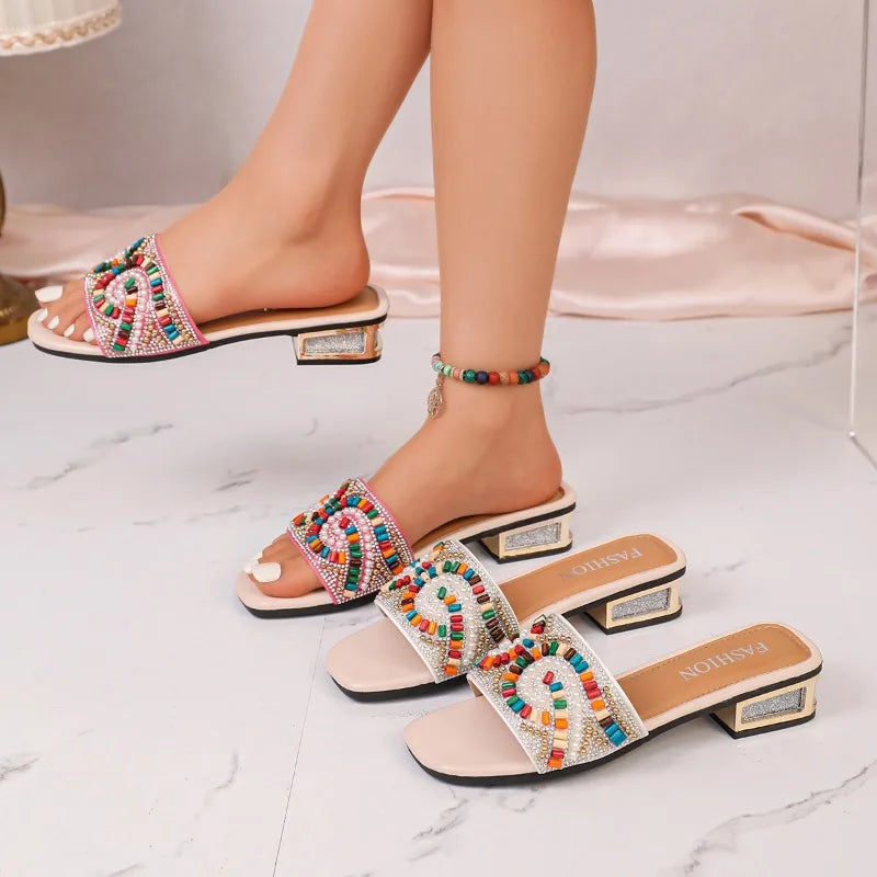 Bohemian Women's Square Open Toe Vintage Pearl Embellishment Slippers Zpaxo