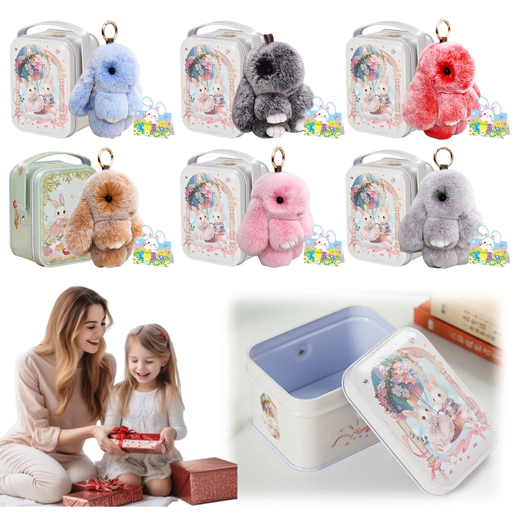 Cute Soft Fuzzy Bunny Keychain Tin Box Wishes Card Lucky Keychains