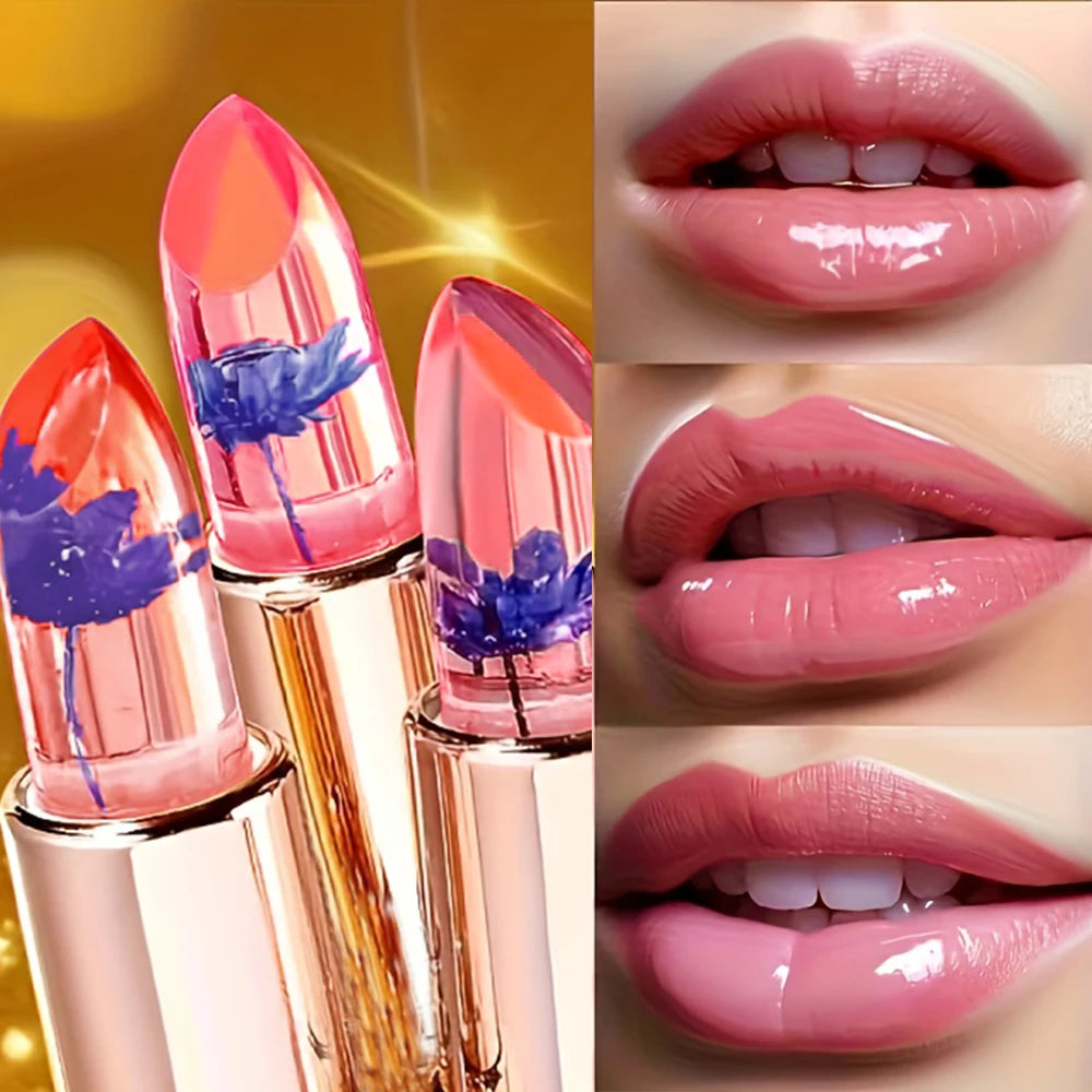 Transparent Flower Infused Lipstick, Gold Foil Jelly Lip Gloss for Long-lasting Hydration & Pink Tint Zpaxo