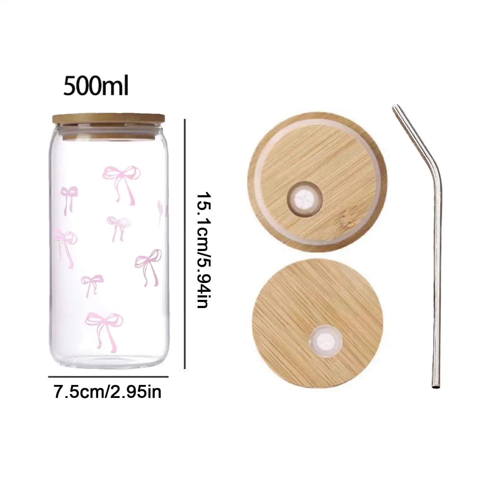 Pink Bow Pattern Glass Cup Lid Straw Cute Coffee Drinking Glasses