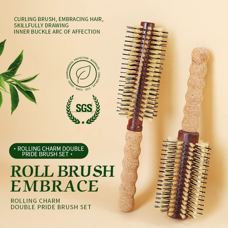 Cork Handle Boar Bristle Hair Brush Personalized Women Curling Barrel Styling Comb Anti-Static Wood Round HairBrush Zpaxo